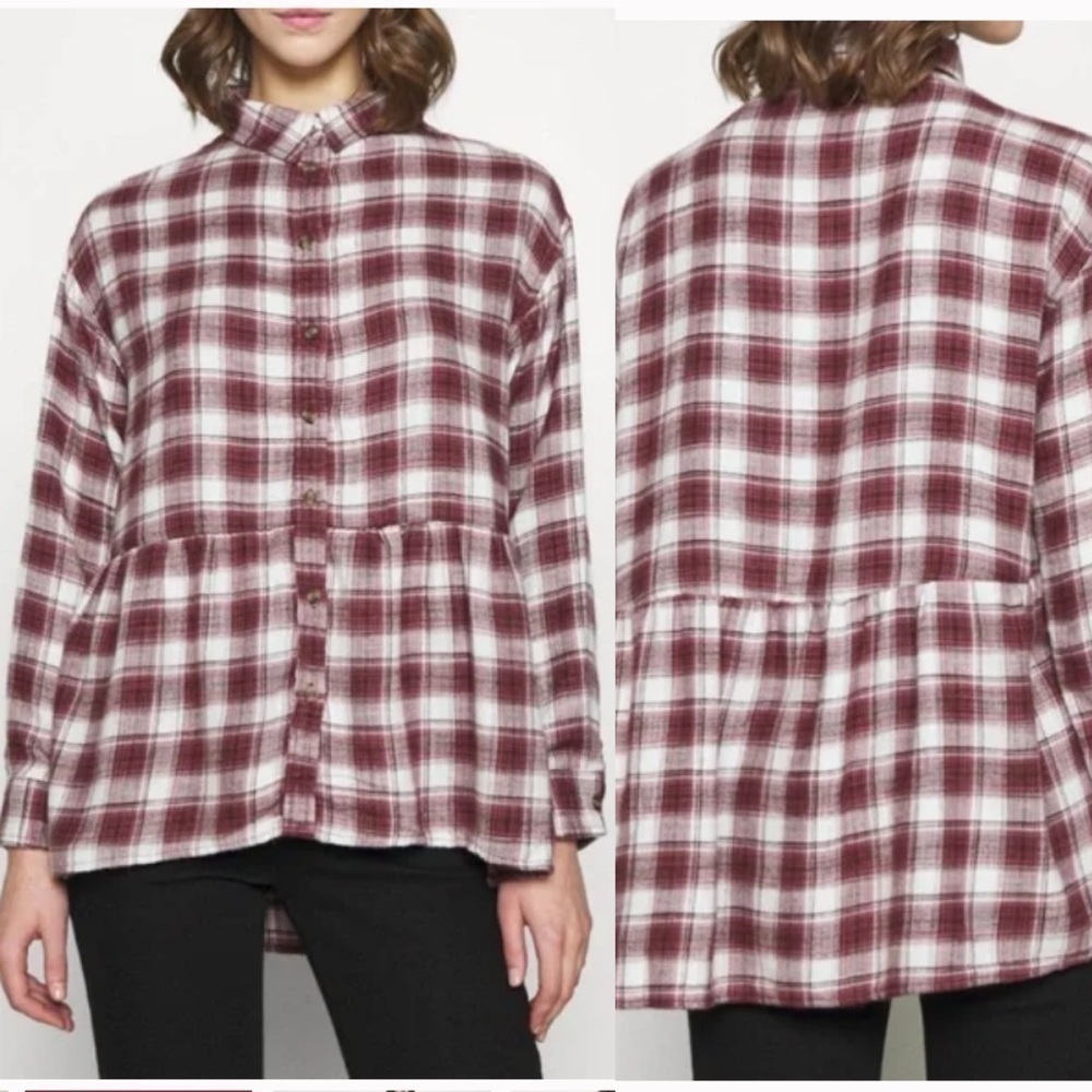 AE Oversized Flannel Babydoll Shirt Burgundy size small petite